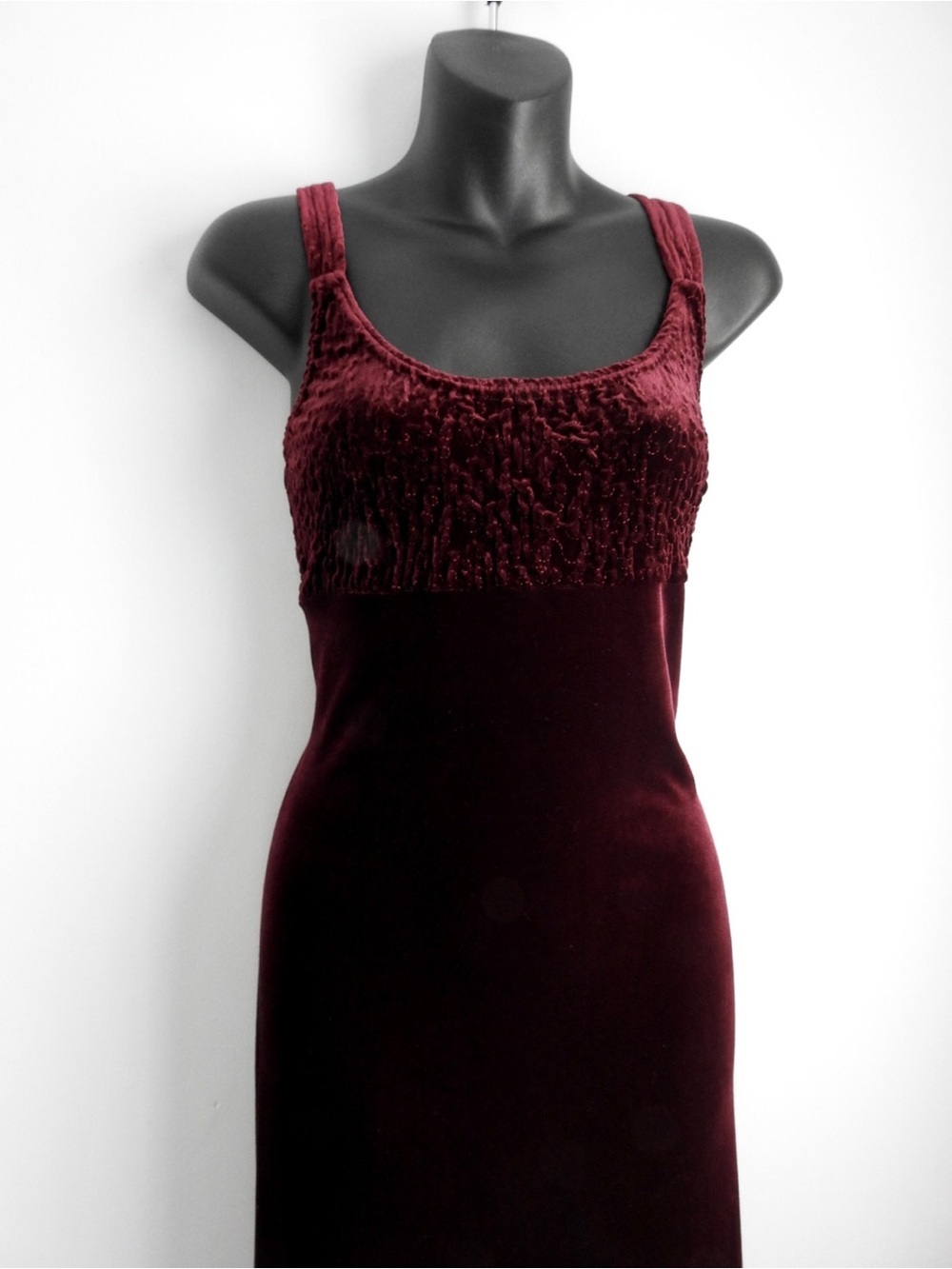 Vintage 1990s Burgundy Stretch Velvet Long Empire Waist Slipdress Smocked Bodice